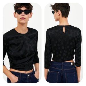 ZARA | Black Jacquard Polka Dot Crop Top S